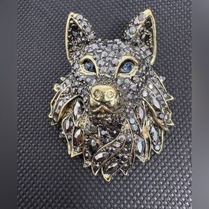 Dazzling Pave Crystal Wolf Head Brooch | Gold Tone Statement Pin